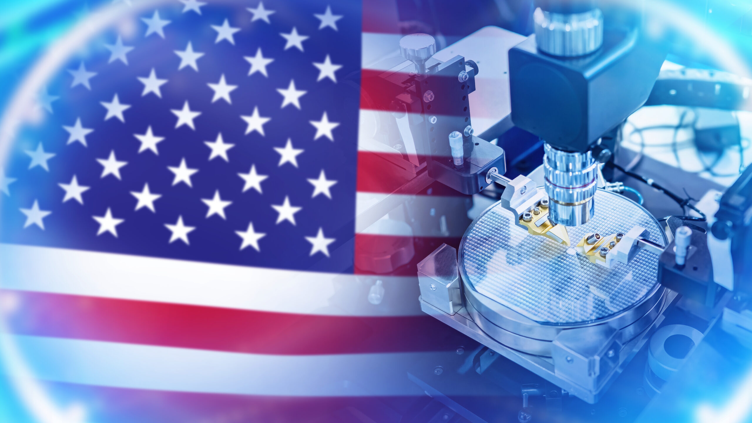 Microelectronics production in USA. Equipment for manufacture of microprocessors. US flag. Production of microboards. Microelectronics industry in USA. PCB testing machine. Art focus. 3d image